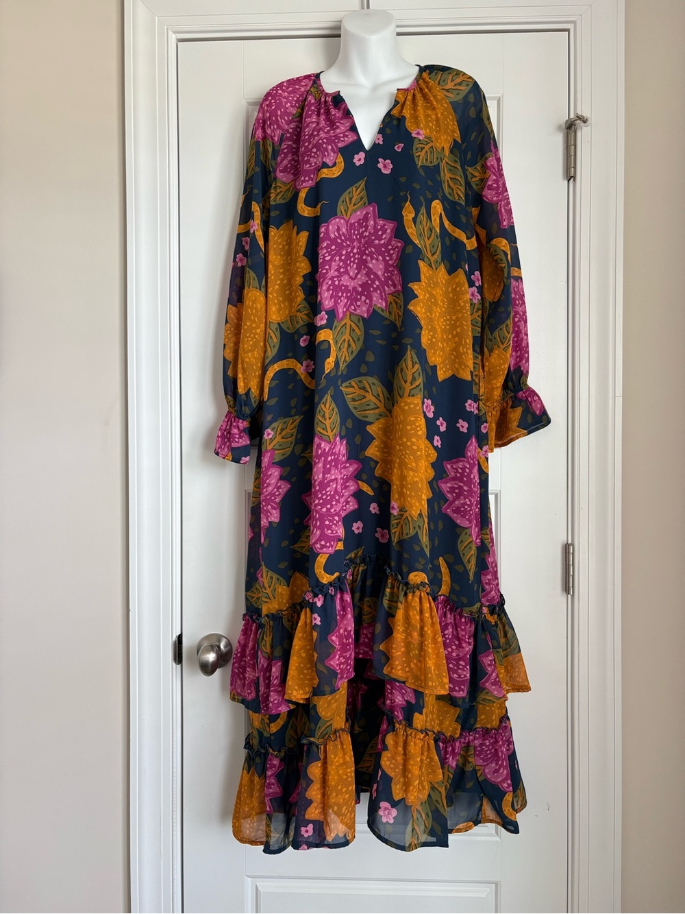 Mud Pie Navy Maxi Dress with Pink & Mustard Floral